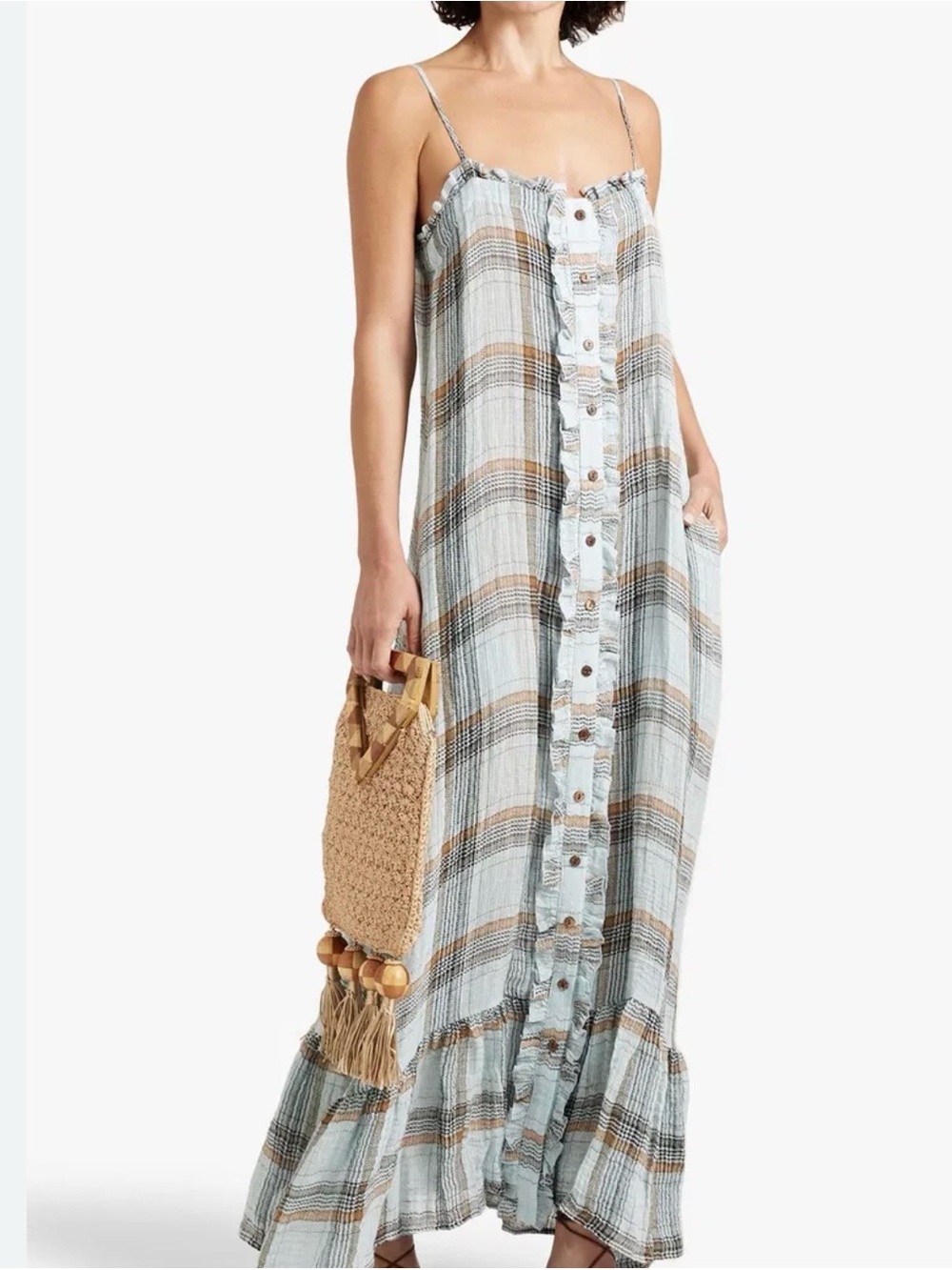 Lisa Marie Fernandez Light Blue and Brown Plaid Button-Front Maxi Dress